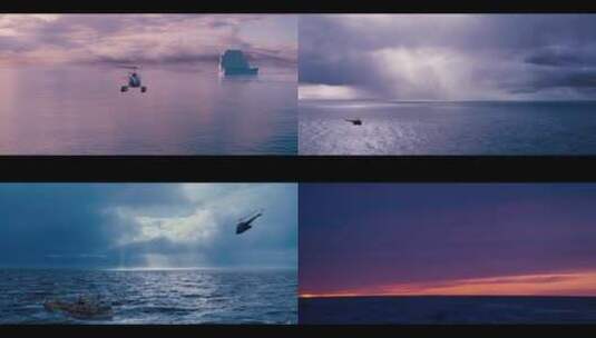 比例2:1 直升机 大海 天空 晚霞 破旧渔船高清在线视频素材下载