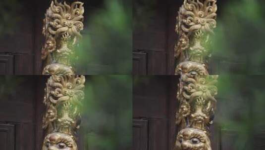 传统园林别墅建筑内板壁上牛腿木雕神兽高清在线视频素材下载