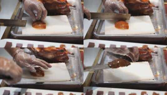 中国烤鸭厨师在切烤鸭高清在线视频素材下载