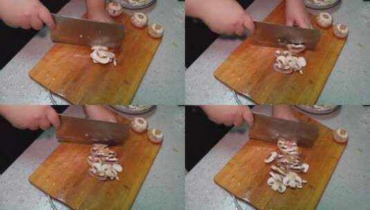 清洗口蘑切白蘑菇片处理食材做饭高清在线视频素材下载