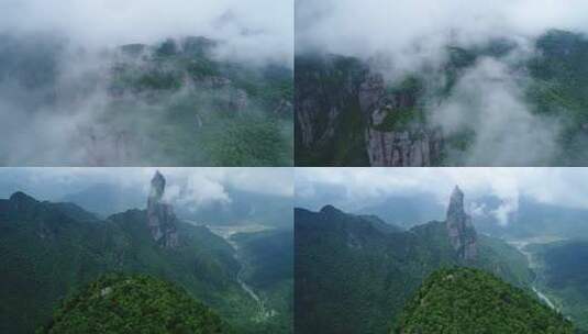 台州仙居神仙居阴雨天航拍云雾缭绕的山脉高清在线视频素材下载