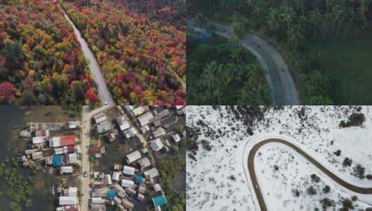 湖泊雪地树林公路行驶汽车航拍高清在线视频素材下载