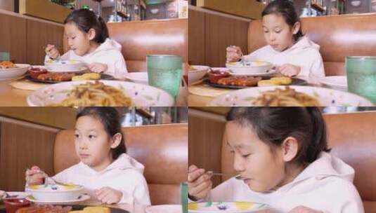 4K升格实拍堂食在西餐厅喝奶油汤的亚洲女孩高清在线视频素材下载
