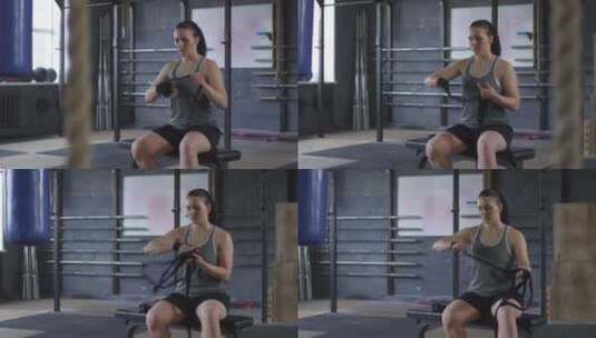 年轻女运动员在健身房展开双手高清在线视频素材下载