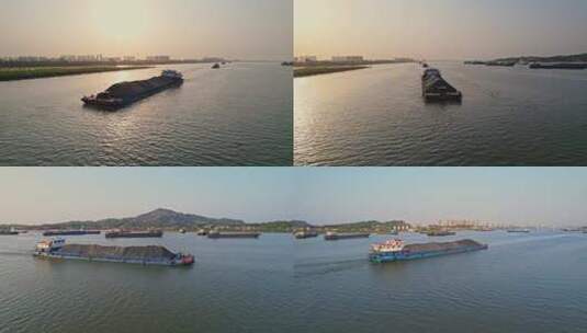 4k航拍内河满载的货船货轮航行高清在线视频素材下载