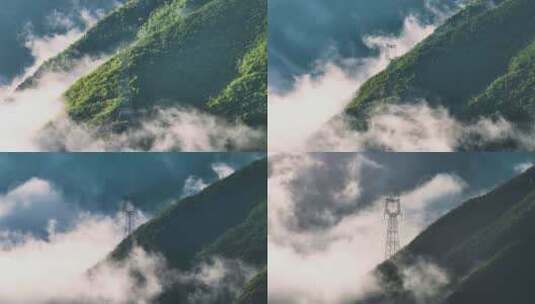 4k航拍山林晨雾中的特高压输电杆塔高清在线视频素材下载