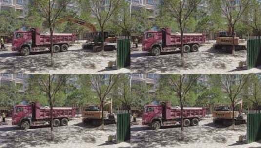 挖掘机揭去城区柏油路面装入渣土车高清在线视频素材下载
