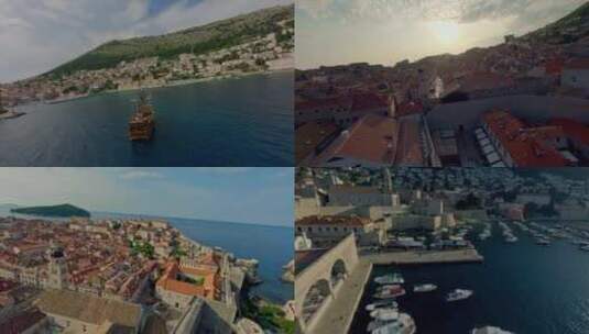 FPV无人机航拍海边城市古城杜布罗夫尼克高清在线视频素材下载