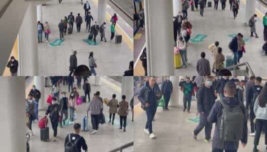 车站下行扶梯站台人流带口罩的旅客高清在线视频素材下载