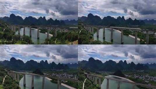 蓝天白云下广西桂林高铁行驶高清在线视频素材下载