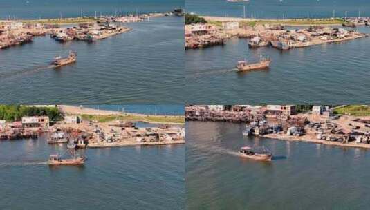 航拍码头出海打渔的渔船高清在线视频素材下载