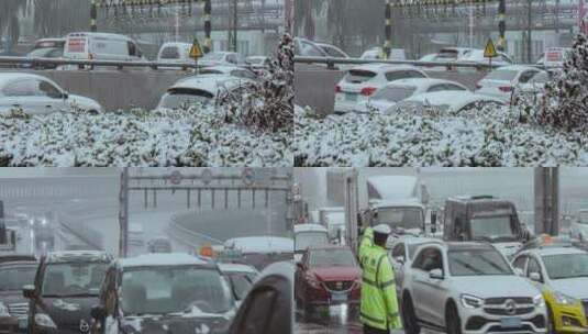 初冬大雪交通早高峰立交桥风雪北方冬季寒潮高清在线视频素材下载