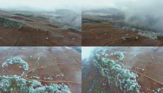 汽车行驶在大雪公路雪山无人机航拍高清在线视频素材下载