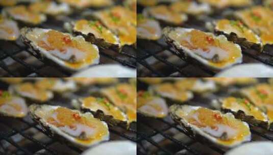 海鲜烧烤生蚝牡蛎美食特写高清在线视频素材下载