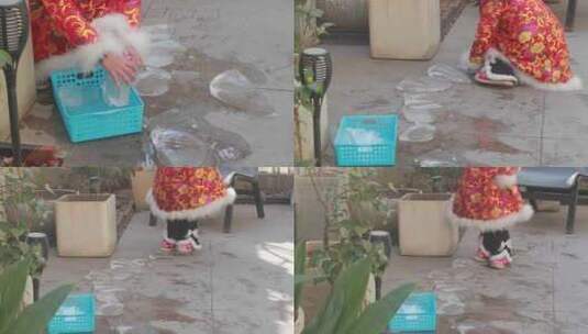 漂亮小女孩在院子里玩冰块跳房子高清在线视频素材下载