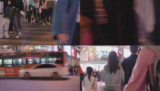 杭州城市夜晚行人过马路车流人流脚步高清在线视频素材下载