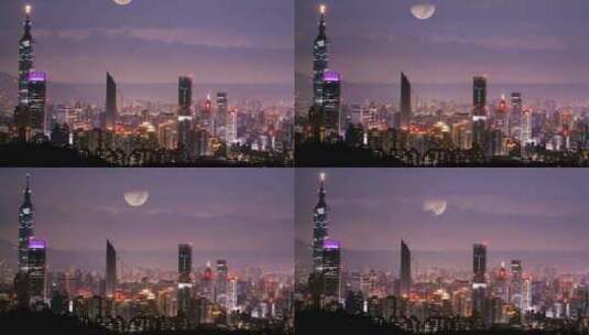 迷人的台北之夜：月亮和动态云在城市天空中高清在线视频素材下载