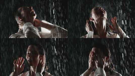 穿着白衬衫沐浴在雨中的女人的夜晚标志体现高清在线视频素材下载