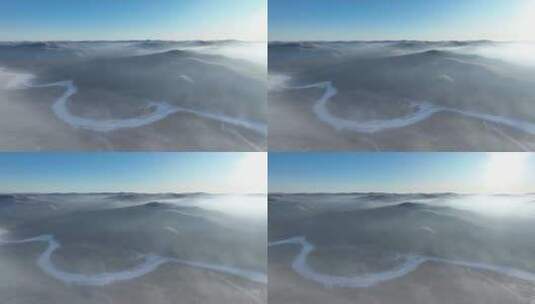 航拍寒冬林海雪原冰河冻雾高清在线视频素材下载