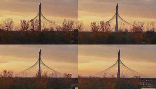 石家庄滹沱河大桥落日航拍高清在线视频素材下载