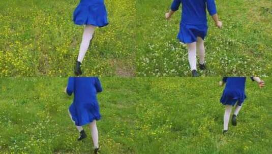 4K-穿蓝色裙子的小女孩在田野奔跑高清在线视频素材下载