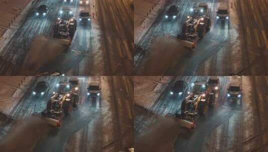 雪天环卫工人冬季夜晚清扫道路积雪高清在线视频素材下载