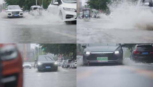 台风引发强暴雨天气城市道路积水车辆涉水高清在线视频素材下载