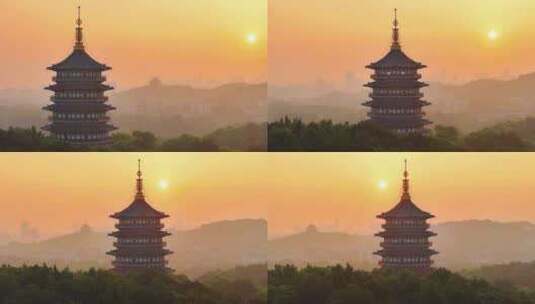 航拍清晨日出杭州西湖风景区雷峰塔建筑同框高清在线视频素材下载