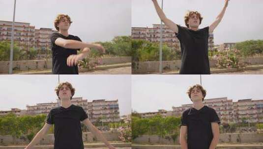 穿着黑色衬衫的小男孩在篮子场的户外呼吸空高清在线视频素材下载