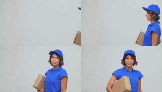 穿蓝色服装的送货女孩高清在线视频素材下载