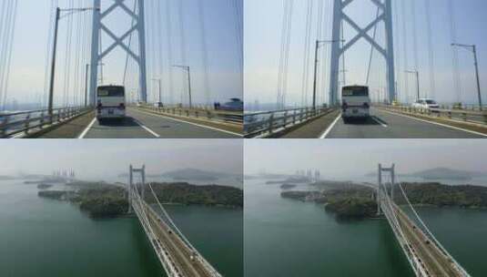 火车钻过桥洞 汽车从桥上开过 濑户大桥全景高清在线视频素材下载