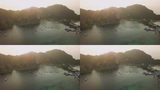 从空中俯瞰日落时美丽的海湾高清在线视频素材下载