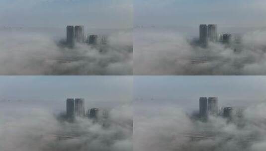 上海中庚环球创意中心航拍平流雾高清在线视频素材下载