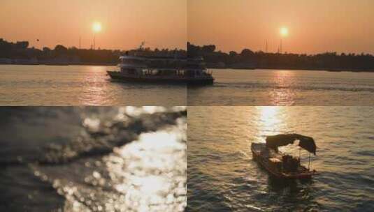 城市夕阳轮船海面波光粼粼高清在线视频素材下载