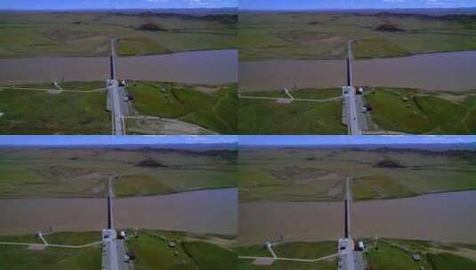 甘南玛曲黄河第一弯大桥与草原自然风光航拍高清在线视频素材下载