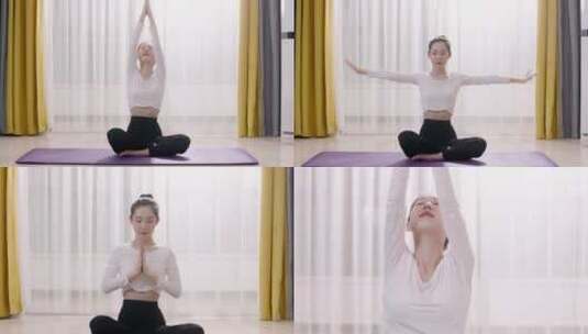 女人在室内做瑜伽健身塑性瘦身减脂惬意生活高清在线视频素材下载