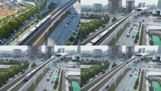 【4K60帧】上海城市轻轨进站航拍高清在线视频素材下载