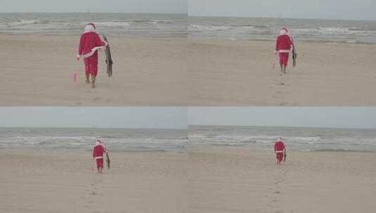 圣诞装的人赤脚走在沙滩上高清在线视频素材下载