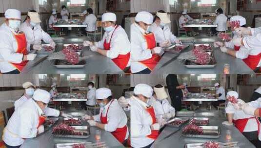 一群女工切肉穿串延时摄影高清在线视频素材下载