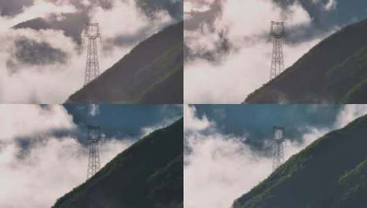 4k航拍山林晨雾中的特高压输电杆塔高清在线视频素材下载