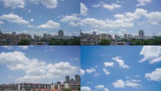 蓝天白云下的城市天际线延时高清在线视频素材下载