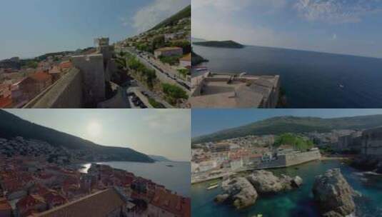 FPV无人机航拍海边城市古城杜布罗夫尼克高清在线视频素材下载