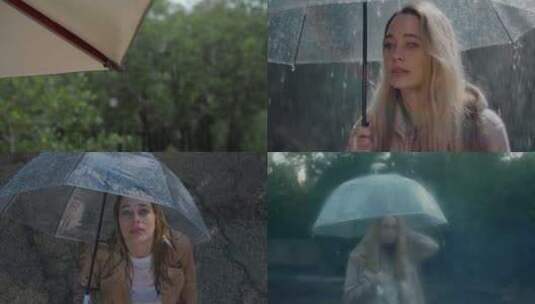 【合集】美女撑伞 雨水顺着透明雨伞落下高清在线视频素材下载