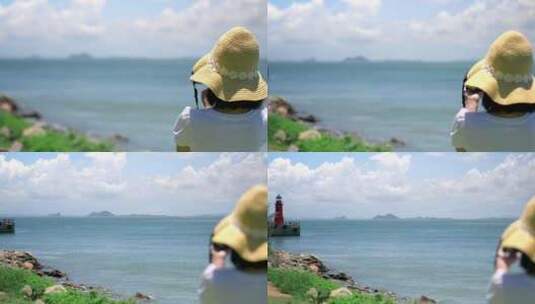 4K升格实拍海边度假拍摄风景灯塔的女孩背影高清在线视频素材下载