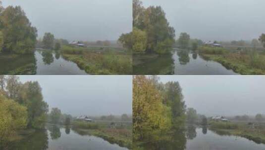 秋季晨雾中的河岸农舍高清在线视频素材下载