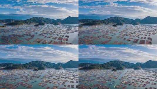 福建福州渔村鱼排与渔船航拍蓝天白云大海山高清在线视频素材下载