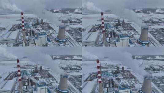 航拍北方雪原发电厂高清在线视频素材下载