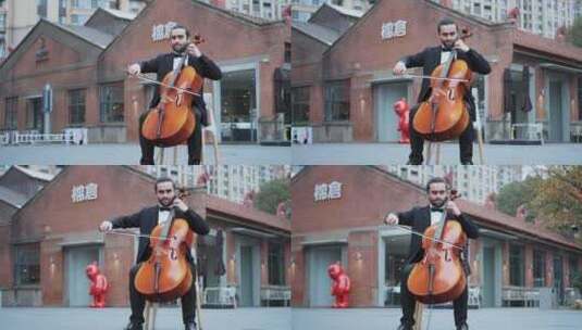 外国男人户外演奏大提琴高清在线视频素材下载