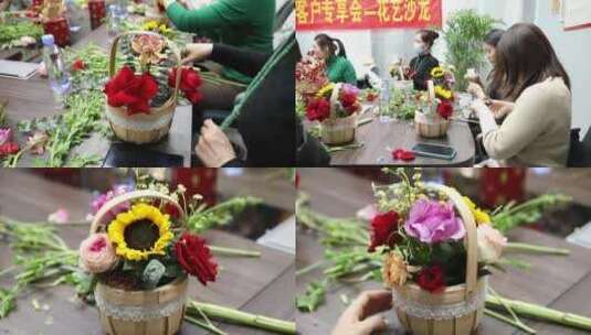 花艺沙龙鲜花手工花篮制作花艺年宵花高清在线视频素材下载