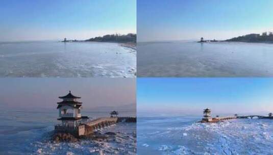 冬天兴城冻冰的三礁揽胜航拍高清在线视频素材下载